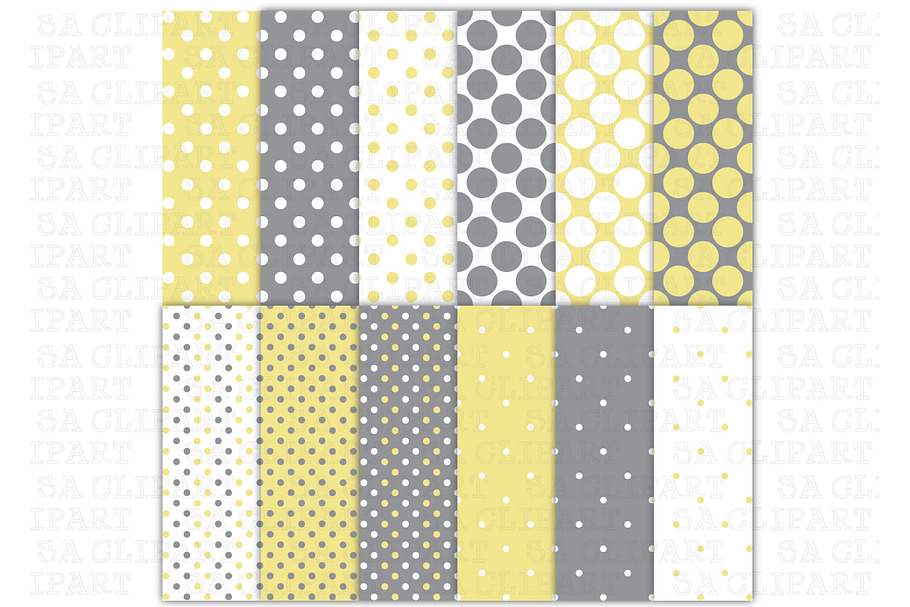 Yellow Grey Polka Dots Digital Paper