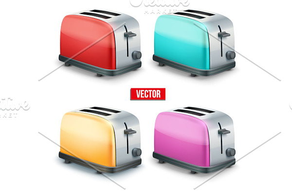 Set of Bright toasters. Vector isolated on white background.