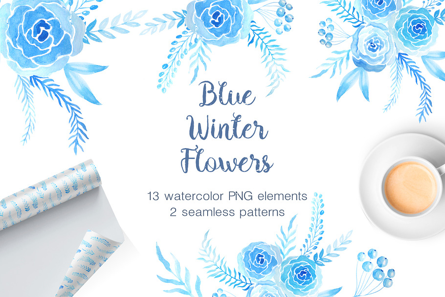Watercolor Blue Winter Blooms in Illustrations - product preview 8