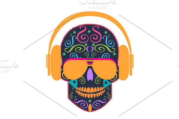 Skull with headphones and sunglasses