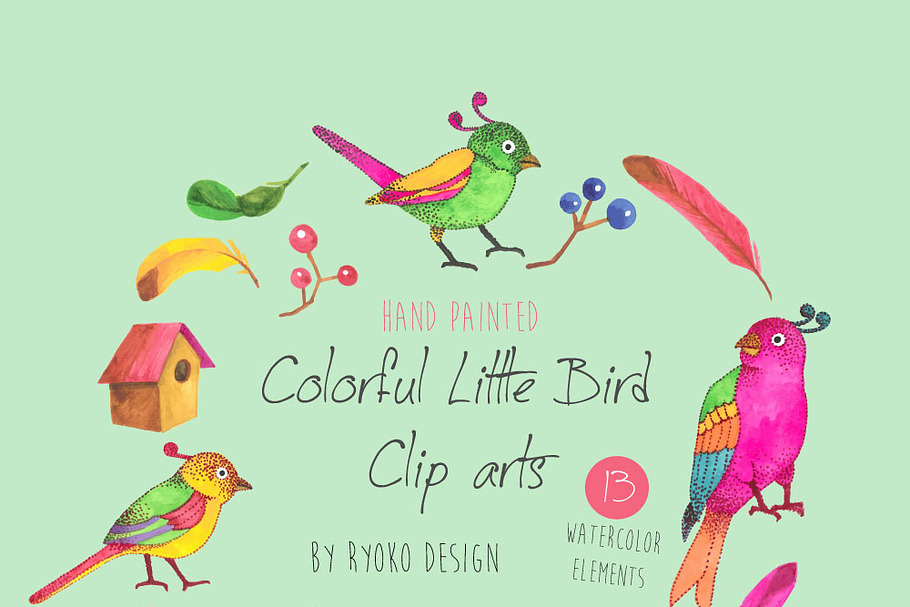 Colorful bird watercolor clipart