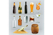 Alcohol drinks, bottles, glasses