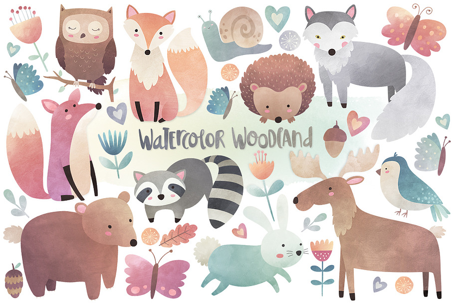 Watercolor Woodland Animals Clipart in Illustrations - product preview 8