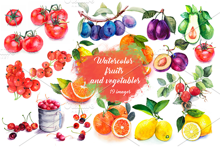 Set Watercolor Fruits And Vegetables in Objects - product preview 8