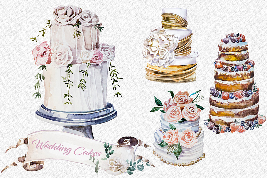Watercolor Wedding Cakes Clipart Set