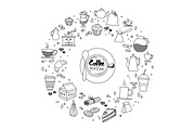 Coffee and cake time doodles hand drawn sketchy vector icon symbols objects