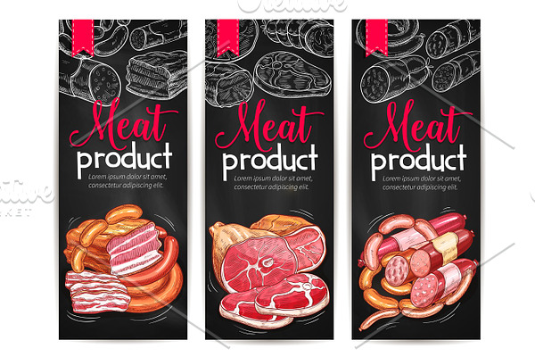 Meat products delicatessen vector banners sketch