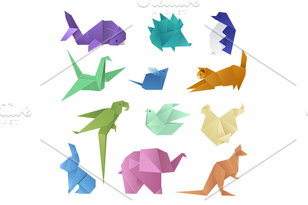 Origami style of different paper animals geometric game japanese toys design and asia traditional decoration hobby game vector illustration.