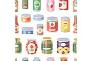 Collection of various tins canned goods food metal container grocery store and product seamless pattern storage aluminum flat label conserve vector illustration.