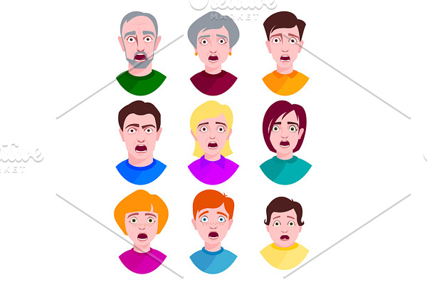 Extremely surprised young people shock portrait and frightened face emotions afraid expression person with open mouth vector illustration.