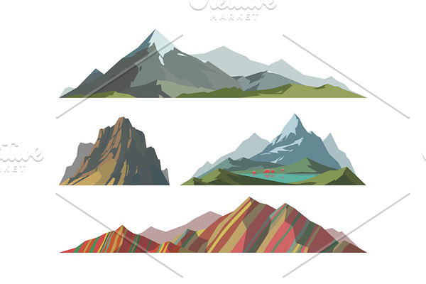 Mountain mature silhouette element outdoor icon snow ice tops and decorative isolated camping landscape travel climbing or hiking geology vector illustration.