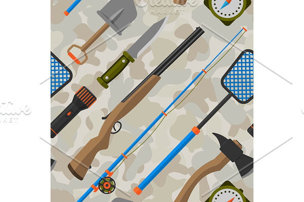Outdoor travel camping seamless pattern tourism hiking recreation ax and nature vacation forest adventure knife equipment vector illustration.