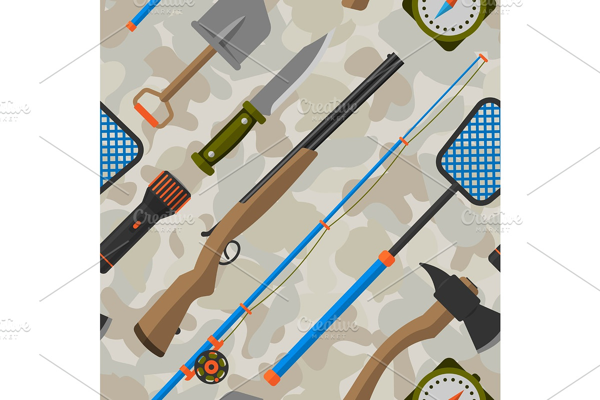 Outdoor travel camping seamless pattern tourism hiking recreation ax and nature vacation forest adventure knife equipment vector illustration. in Objects - product preview 8