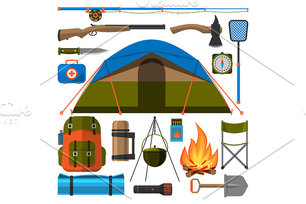 Summer outdoor travel camping icons tourism hiking recreation campfire and nature vacation forest adventure backpack equipment vector illustration.