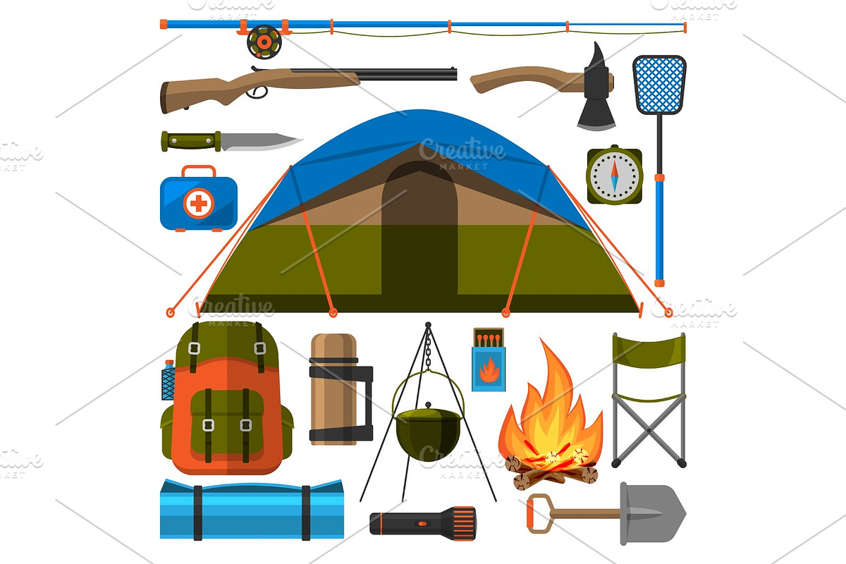 Summer outdoor travel camping icons tourism hiking recreation campfire and nature vacation forest adventure backpack equipment vector illustration. in Objects - product preview 8