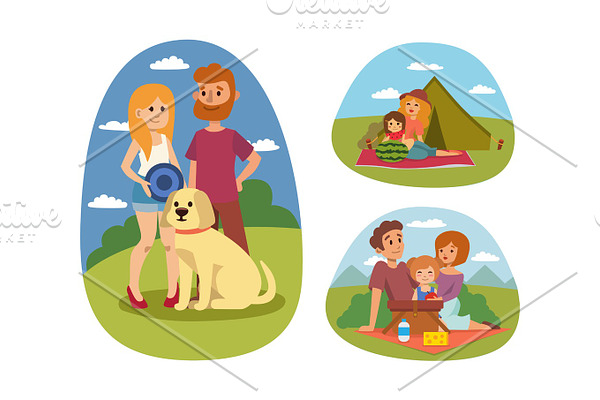 Picnic setting with fresh food hamper basket barbecue resting couple and summer meal party family people lunch garden character vector illustration.