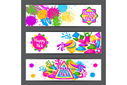 Happy Holi colorful banners. Illustration of buckets with paint, water guns, flags, blots and stains