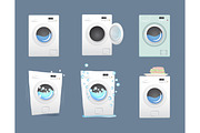 Washing machine set. Flat style vector illustration.