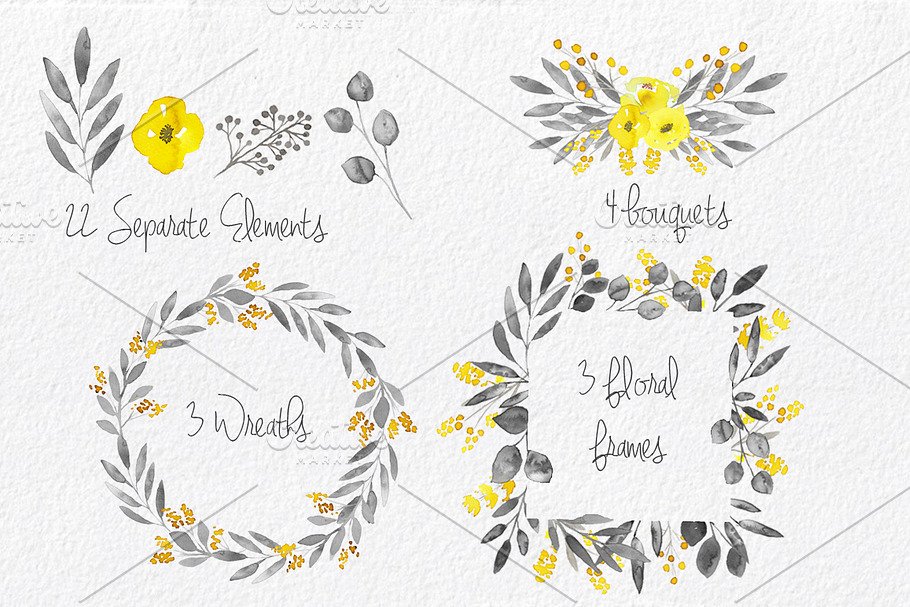 Yellow & Grey Flowers hand painted
