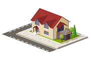 Beautiful small isometric house on green ground isolated on white. Property, real estate, construction and rent concept