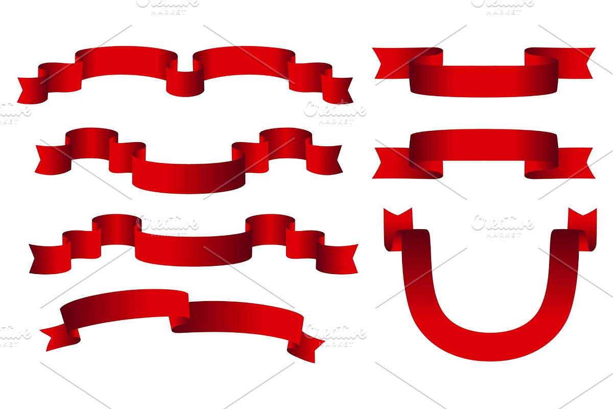 Red glossy ribbon vector banners set. Ribbons collection isolated on white background in Illustrations - product preview 8