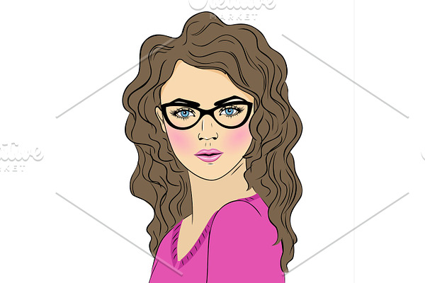 Beautiful surprised woman in the pop art comics style. Vector EPS10 illustration. Comic book girl with glasses