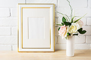 White frame mockup with pink roses