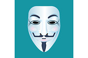Guy Fawkes mask stylised depiction isolated on blue.