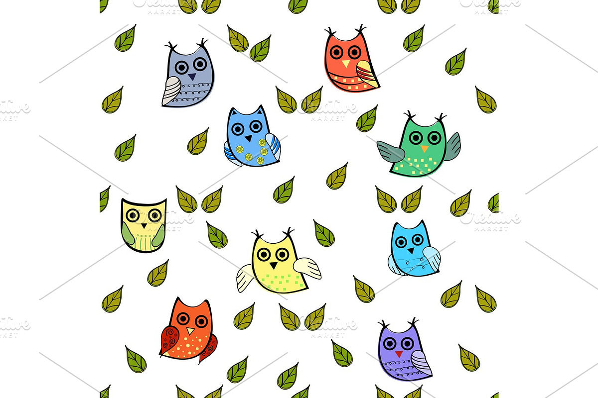 Owl and leaves vector seamless pattern in Illustrations - product preview 8