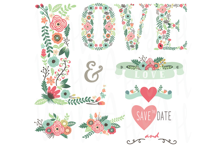 Floral LOVE Wedding Set in Illustrations - product preview 8