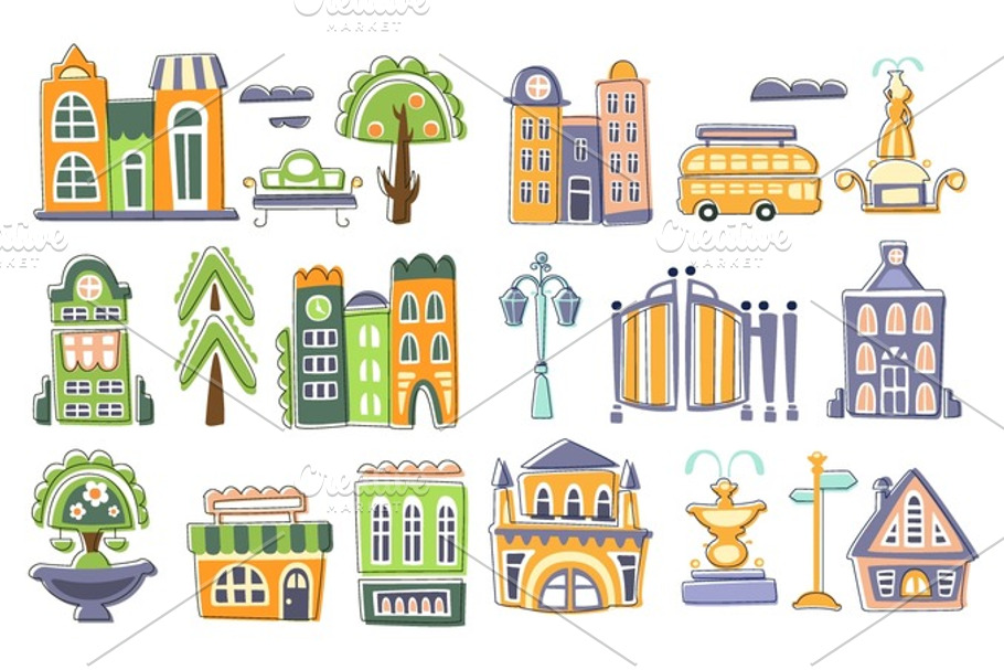 City Buildings And Other Elements Creative Design Set