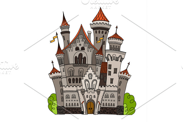 Cartoon fairy tale castle tower icon. Cute architecture. Vector illustration fantasy house fairytale medieval . Kingstone stronghold design fable isolated.