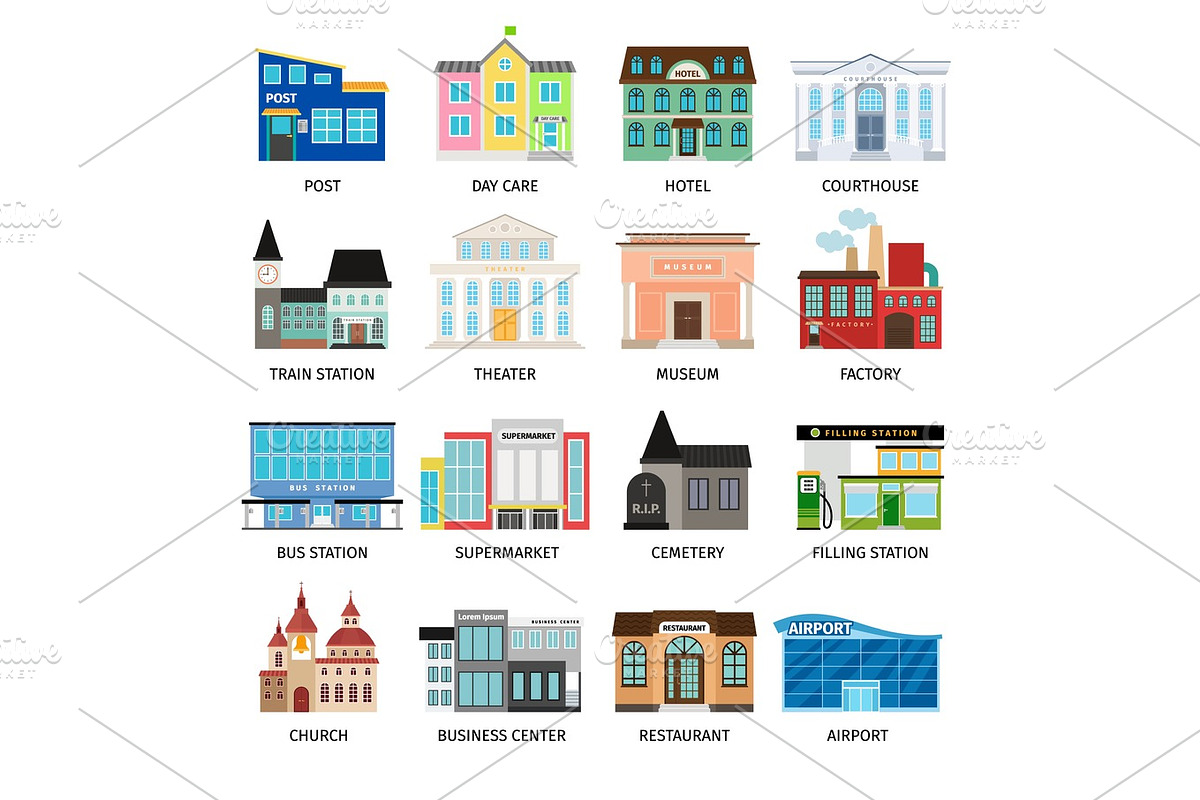 City buildings flat icons on white in Illustrations - product preview 8
