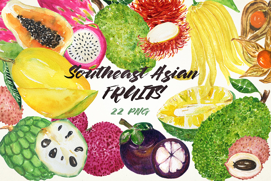 Tropical Asian fruits watercolors