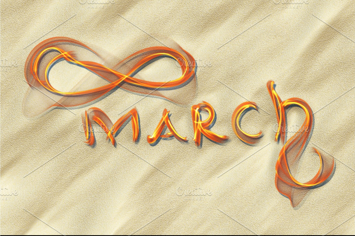 March 8 greeting card. Background for International Women's Day. Lettering made by ivory in the desert sand, creative concept in Objects - product preview 8