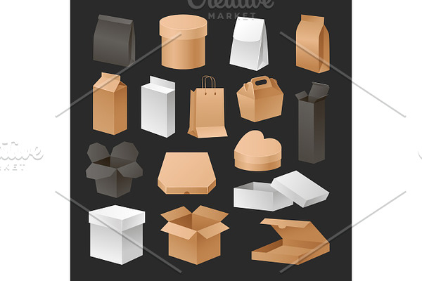 Boxes 3d packages realistic set retail shipping advertising compact and empty pack software container gift cardboard template vector illustration.