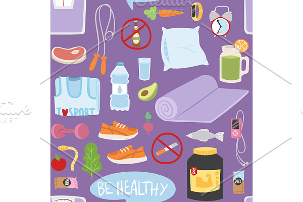 Seamless pattern with healthy lifestyle daily eating icons and sport sneakers lifestyle fitness food positive fit weight background vector illustration.