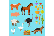 Domestic Animals Set near Fruit and Vegetable