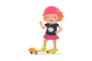 Girl in Pink Helmet and Skirt. Orange Skateboard