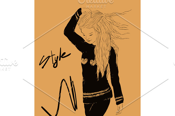 Vector pretty woman with long hair and Style lettering.