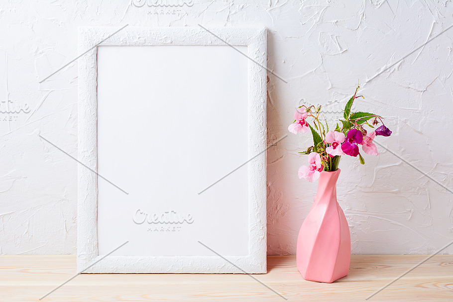 White frame mockup with flowers in Print Mockups - product preview 8