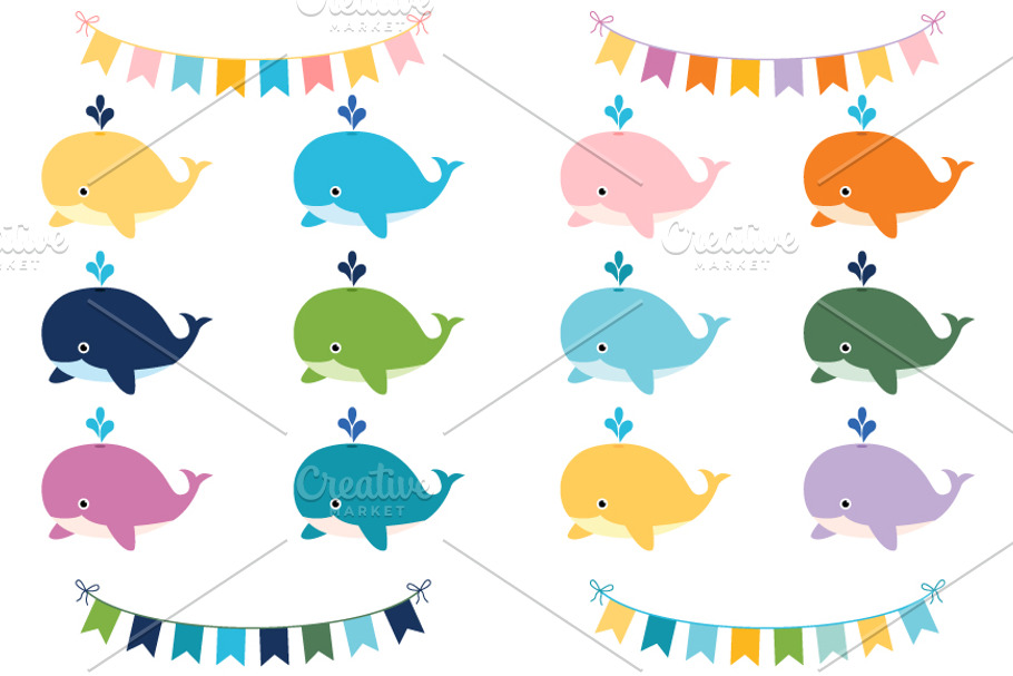 Cute colorful whales clip art set