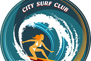Surfing badge with girl surfing