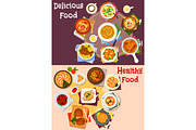 Baked meat and veggies dish with dessert icon set
