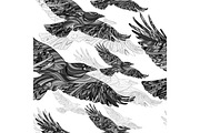 Seamless pattern of Hand-drawn crows with ethnic floral pattern. Abstract background