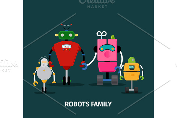 Robots family with kids