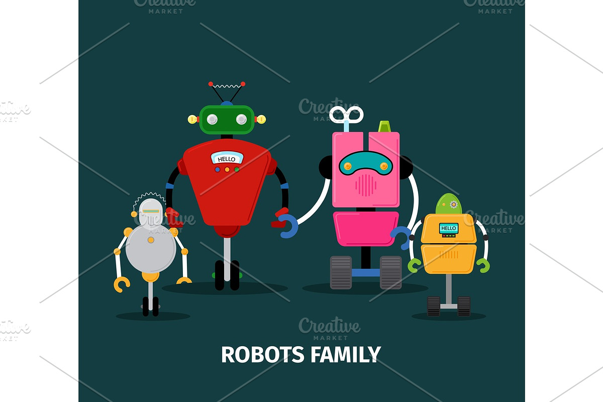 Robots family with kids in Illustrations - product preview 8
