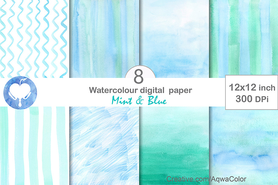 Mint & Blue Watercolor Digital Paper