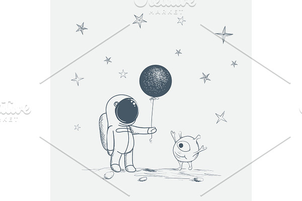 astronaut gives a balloon to alien