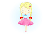 Doll Vector Illustration. Beautiful Golden Hair Puppet with red Bows. Little Girl